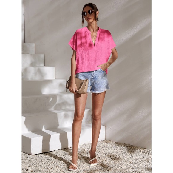 Tops - boho Notched Batwing Sleeve Blouse short sleeve hot pink